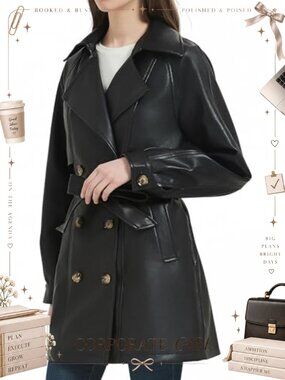 Faux Leather Mid Length Trench Coat Relaxed Fit Long Jacket
